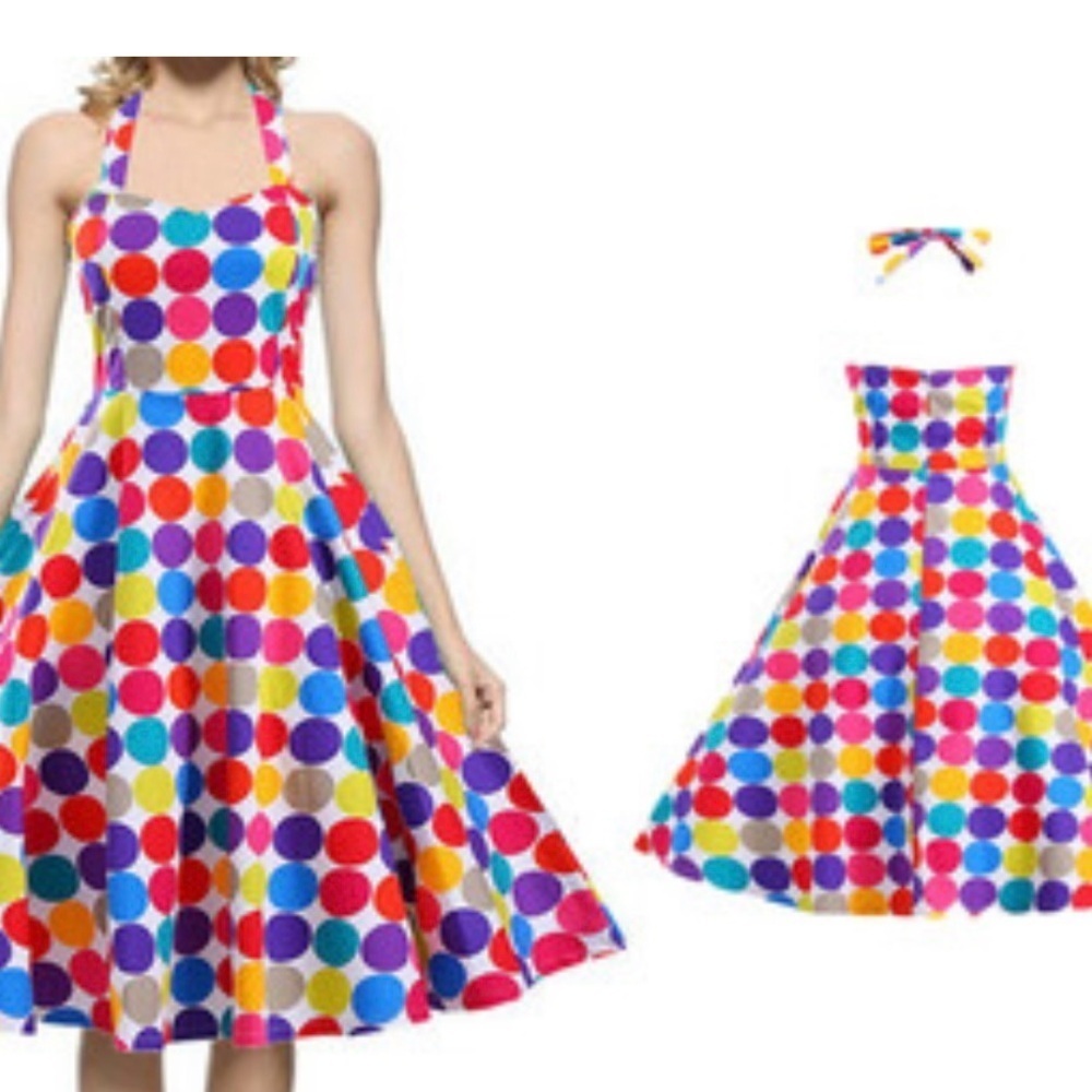 💛💕NWT- SUPER CUTE MULTI COLOR POLKADOT HALTER TOP SWING DRESS SZ S💕💛